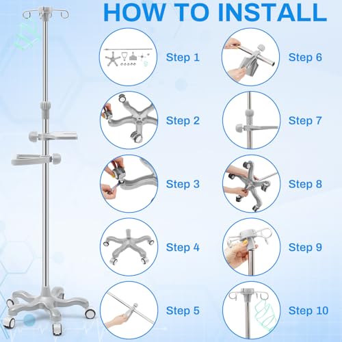 Medical IV Pole with Wheels, Portable IV Stand Pole with Removable Bag Holder, Adjustable Height, 4 Hook & 5 Caster Base, Stainless Steel with Hanging Net for Home Hospital(Grey,Classic) - Thumbnail 3