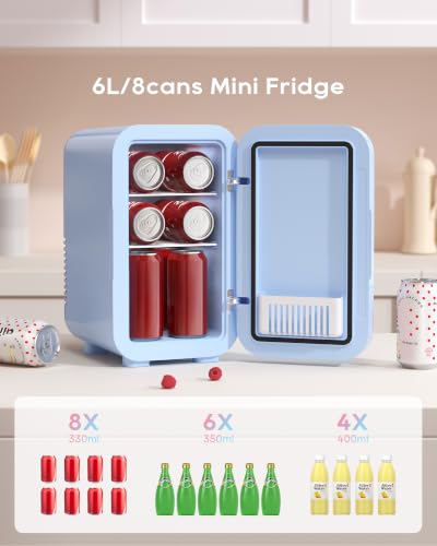 Image of BEICHEN Mini Fridge,6 Liter / 8 Can Small Fridge for Bedroom, Car, Office & Dorm, AC100-120 V /DC 12 V Portable Thermoelectric Cooler & Warmer for Skincare, Food, Drinks,Blue