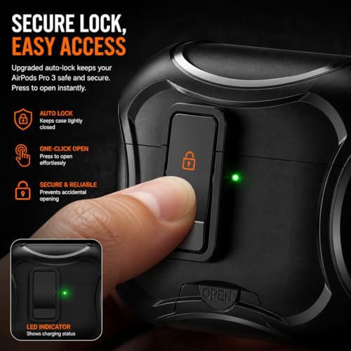 Image of Mizi AirPods Pro 3 Case (2025) with Lock & Phone Stand, MagSafe Compatible Protective Cover with Auto-Open Lid, Shockproof TPU+PC Case with Cleaning Kit & Keychain - Black