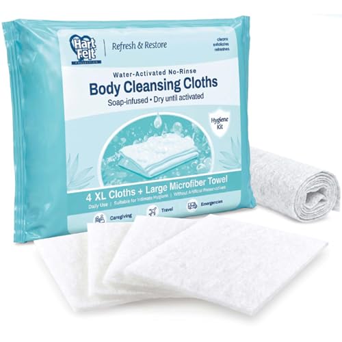 HartFelt Just-Add-Water Hygiene Kit – No-Rinse Body Wash Cloths with Included Towel | Portable On-the-Go Pocket Shower for Camping, Travel, Gym, Backpacking & Emergencies | 1 Kit