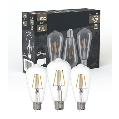 Eglo Lot de 3 ampoules LED E27, ampoule filament vintage, 4 watts chacune, lumière blanche neutre, 4000 K, 470 lumens, lampe rétro ST64, Ø 6,4 cm