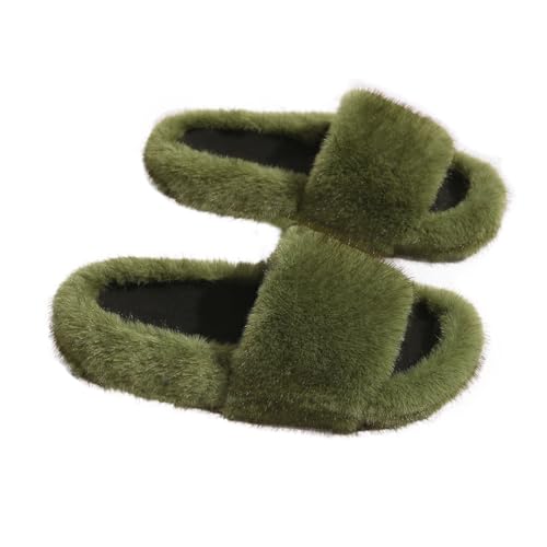 Women's Fuzzy Fluffy Furry Fur Slippers Flip Flop Open Toe Cozy Faux Fur Slip-On With Rubber Soles Shoes