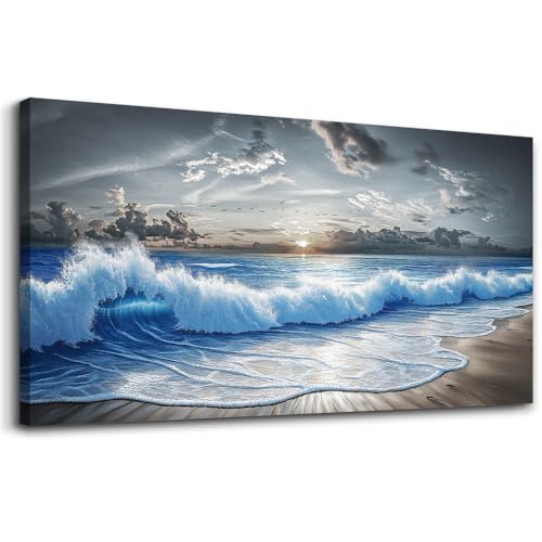 PHAOHUAXM Large Canvas Wall Decor For Living Room Wall Art For Bedroom Office Dining room Decor Modern Black White And Blue Ocean Wave Painting Printed Artworks Wall Pictures Home Decor 24"X48"