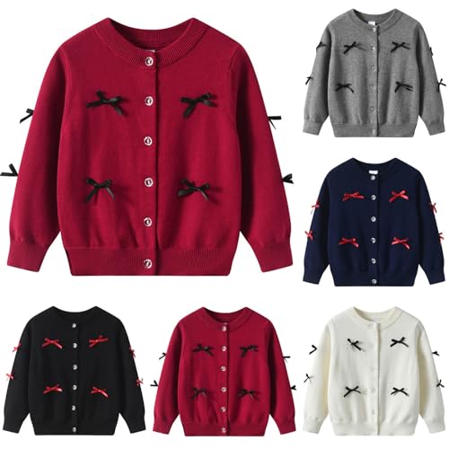 Girls Bowknot Appliques Cardigan Sweaters Button Down Long Sleeve Knit Toddler Kids Fall Winter Cute Outerwear for 2-14 Years2