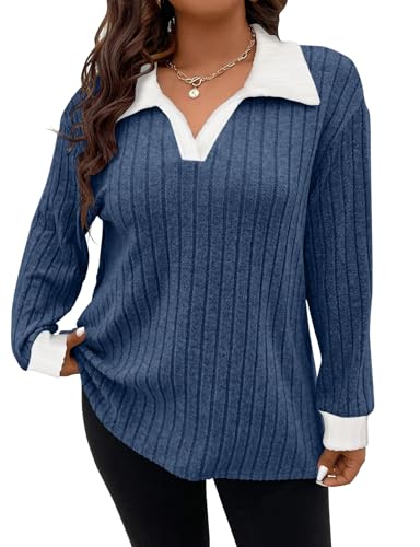 Image of Koscacy Women Plus Size Casual Knit Sweater Lapel V Neck Solid Color Tops Lightweight Long Sleeve Blouses