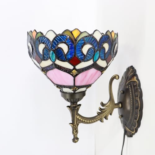 Image of Stained Glass Wall Sconce Plug in Wall Bedside Light Stained Glass Wall Lamp 8X10.5X11 Inch for Hallway Stairway Bedroom (Pink Baroque Style)