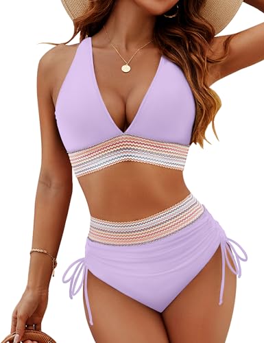 Image of Blooming Jelly Women High Waisted Bikini Sets Tummy Control Swimsuits Color Block Two Piece Drawstring Bathing Suit