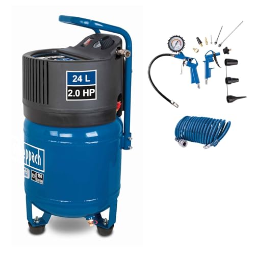 Scheppach Compresseur d’air vertical HC24V – 1500 W – Cuve de 24 L – pression 10 bar – Puissance d’aspiration 180 L/min – Sans huile – Manomètre – 13 accessoires + tuyau 10 m