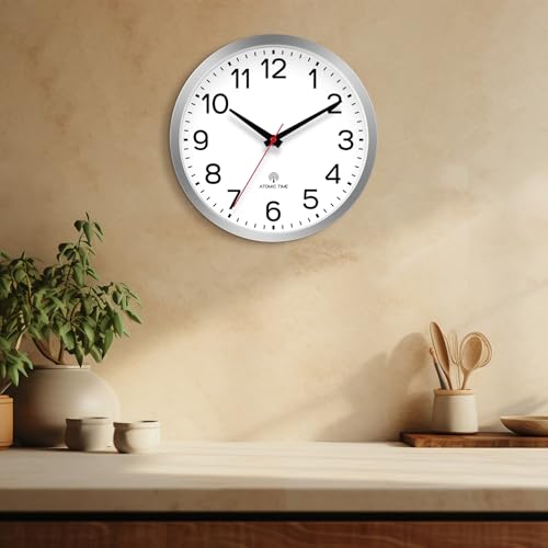 Image of AKCISOT Atomic 12 Inch Wall Clock Analog Clocks for Indoor Kitchen, Battery Operated Clock for Bedroom Office Classroom Living Room(Silver)