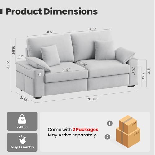 Image of 76 inch Modern Sofas for Living Room, Comfy Loveseat Sofa with Deep Seat Couch, USB /Type-C Port, Side Storage, Removable Cover, Small Couches for Living Room, Light Grey