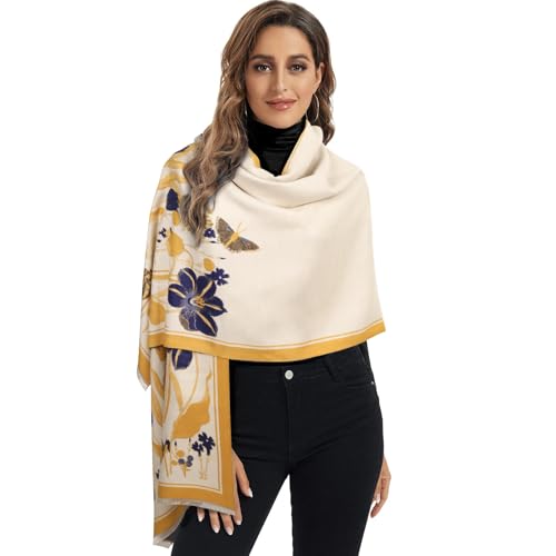 Relang Scarfs for Women Pashmina Silky Shawl Wrap for Evening Dressing Blanket Open Front Poncho Cape Beige Purple Flowers