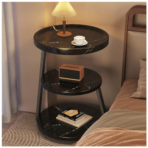 Mesa Auxiliar Redonda Negra De Tres Niveles con Estante Abierto, Mesita De Noche Moderna De Mediados De Siglo For Sala De Estar Y Dormitorio, Mesa Auxiliar(A4)