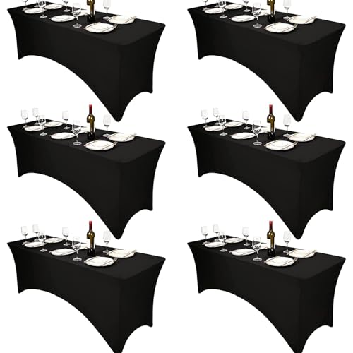 Lot de 6 nappes noires de 1,8 m,nappe élastique extensible en spandex, nappe rectangulaire pour cocktail, vêtements de table noirs serrés anti-rides...