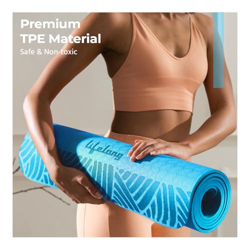 Image of Lifelong Yoga Mat for Man & Woman | 5mm Thick TPE Cushioning | Non-Toxic & Sweat-Resistant Exercise Mat for Home Workout | Free Carry Bag | Gym & Studio Yoga Mat for Woman| Made in India (Teal Blue)
