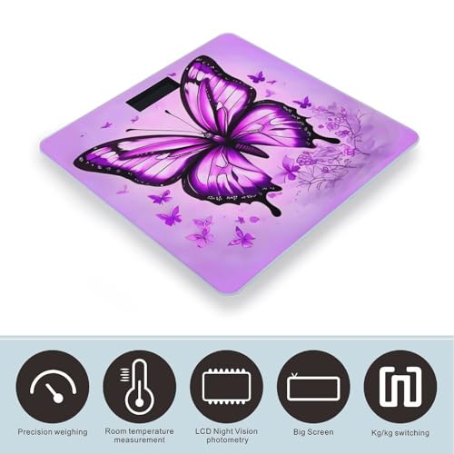 Báscula digital de baño morada con diseño de mariposas miniatura 3