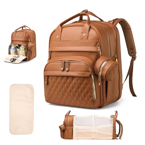 Image of CESAILT Diaper Bag Backpack with Changing Station, Newborn Essentials Must Haves, Water-Resistant Vegan Leather Diaper Backpack, Large Capacity Baby Travel Bag with Stroller Straps, Unisex Brown