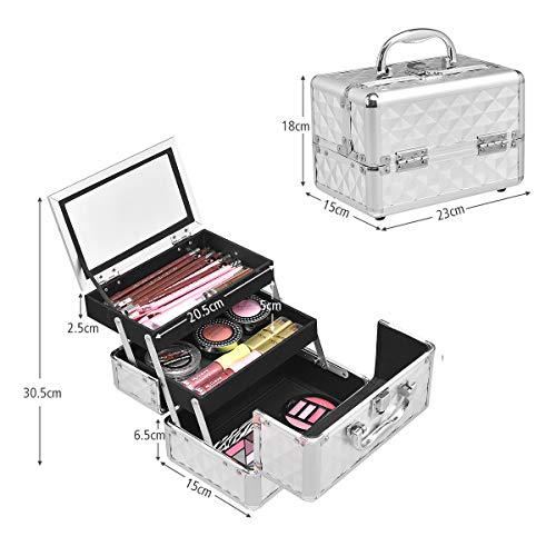 GIANTEX Kosmetikkoffer mit Spiegel, Beauty Make-up Case Schminkkoffer aus ABS und Aluminium, 2 ausziehbare Ablagen… – Bild 6