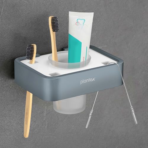 Image of Plantex Aluminium and Acrylic Toothbrush Holder /Tumbler Holder for Bathroom /Toothpaste /Razor Holder /Bathroom Accessories - (Grey and Milky White)