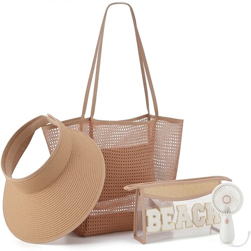 Hsei 4 Pcs Beach Gifts Set for Women Mesh Beach Tote Bag Straw Sun Hats Sandproof Makeup Bags Mini Handheld Fan Beaches Essentials for Birthday Holiday Travel Summer Vacation Wedding Honeymoon