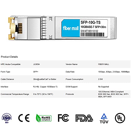 Image of 10G SFP+ to RJ45 for HPE Aruba JL563A,R9F85A Compatible 10GBASE-T SFP+ Copper RJ-45 30m Transceiver Module Pack of 10