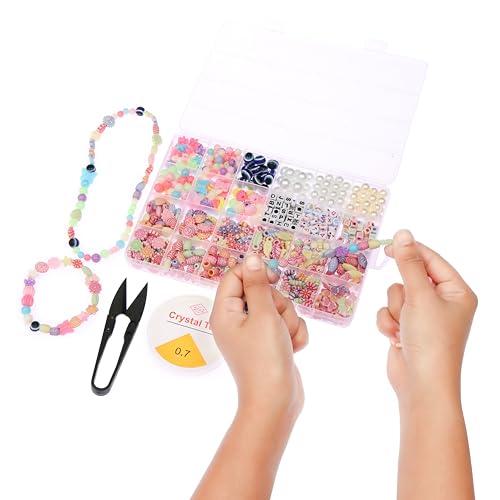 Image of ambitieux DIY Bracelet Making Kit - 700+ pcs24 Colorful Beads, 10m Elastic Thread, Jute Bag, and Cutter - Gift for Girls Birthdays (Multicolor Mix 2)