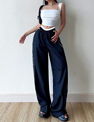 Women's Parachute Pants Baggy Track Y2K Black Elastic Waist Wide Leg Trousers4