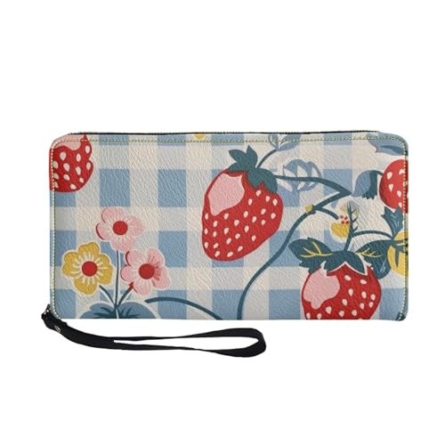 Plaid Strawberry Women Wallet with Grip Hand Strap Lightweight Funny Print Long Purse Clutch for Women Pu Leather Large Capacity Ladies Wristlet Wallet