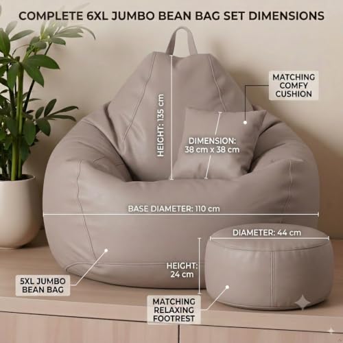 Image of KAM'S LIEU 6XL Luxury Faux Leather Bean Bag with Footrest & Cushion | Pre-Filled High-Density Polystyrene Beans | Premium Leatherette |Teardrop Handle Design | 6 Months Warranty Color- Beige