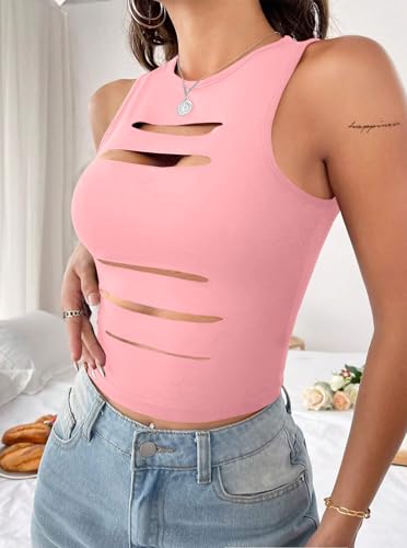 Image of LovelyWholesale Women Sexy Cut Out Crop Tank Tops Crew Neck Summer Sleeveless Top