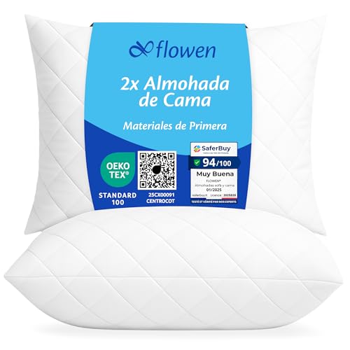 Almohadas para Cama 40x70 2 Unidades Relleno Cojin Hipoalergénico Antiácaros y Suave Rectangular para Hogar con Funda Exterior de Almohada Respirable en Cotton y Polyest. Blanco Extraíble y Lavable