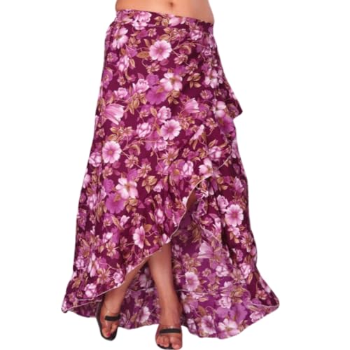 Image of JYESHTA Floral Print American Crepe Wrap Skirt with Ruffle Hem, Elastic Waistband (M, Flower Pink)