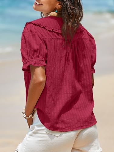 Image of Tankaneo Womens Puff Sleeve Shirts Peter Pan Collar Button Down Cotton Blouse Casual Summer Textured Tops