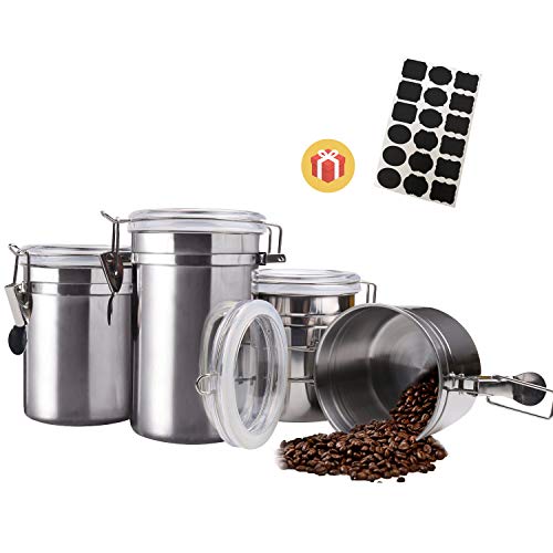 Airtight Canister Set Stainless SteelThickened Version4 Piece Food Storage Container with Lids for TeaCoffeeSnacksMilk PowderSugarFlour Canisters with Clear Lid Locking Clamp