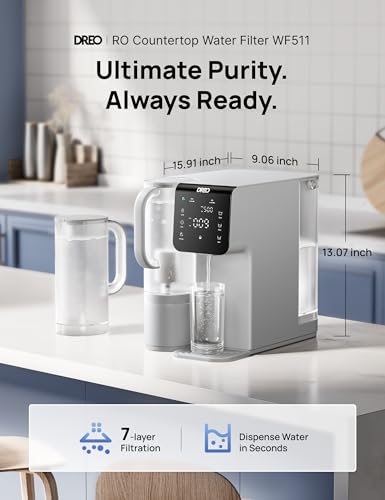 Image of DREO Reverse Osmosis Water Filter Countertop, 7-Stage RO Water Filtration System, Installation-Free, Reduce TDS, Water Filter Pitcher for Home, Kitchen, 3:1 Pure to Drain, WF511 Upgraded
