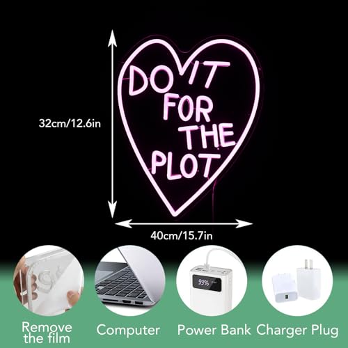 Image of Do It For The Plot Neon Sign Dimmable Pink Words Neon Light for Wall Decor USB Led Heart Neon Light Sign for Bedroom Living Room Wedding Party Bar Neon Sign
