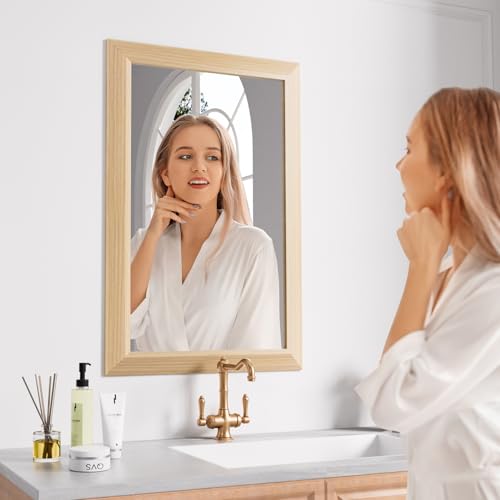 Amorho 20X30 Inch Bathroom Mirror for Wall, Oak Wood Grain Metal Framed Mirror, Anti-Rust, Hang Horizontally/Vertically, Suitable for Bedroom, Farmhouse, Bathroom, Decorative