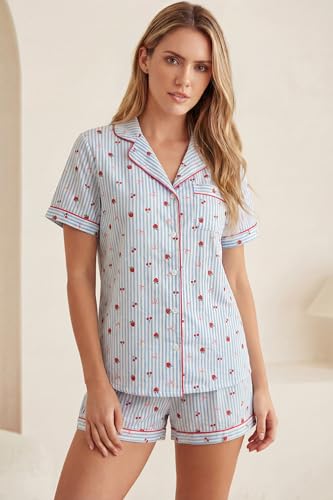 Image of LUBOT 100% Cotton Pajamas for Women 2 Piece PJ Set Poplin Woven Lightweight Ladies Button Short Sleeve Sleepwear S-XXL