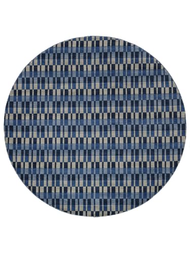 RugVista Denver, Alfombra, Gabbeh, Ø 200 cm, Redondo, Pelo Medio, Sala de Estar, Dormitorio, Limpieza en seco, Certificado Care & Fair, Azul