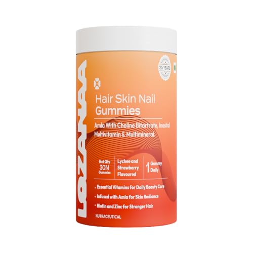 Image of Hair Skin Nail Gummies with Amla, Biotin, Vitamin C, Multivitamin & Multimineral, Lychee and Strawberry Flavoured, 30 Count