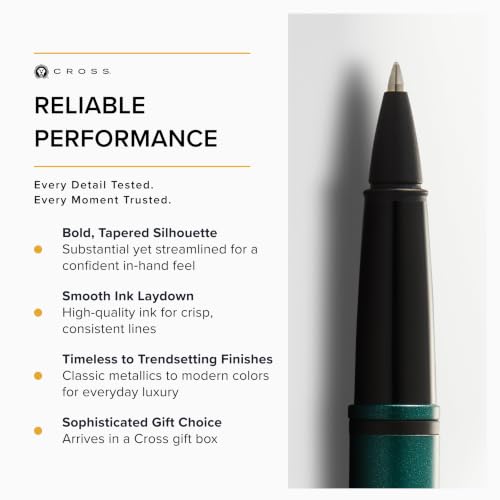 Image of Cross Calais Matte Green & Black Refillable Rollerball Pen - Medium Point, Black Ink, Smooth Writing, Presented in a Luxury Gift Box