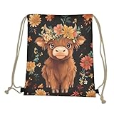 COEQINE Highland Cow Drawstring for Gym Workout Yoga, Colorful Floral String Backpack for Hiking Lightweight Foldable Drawstring Gym Bag for Women,Fashion Horse String Yoga Bag