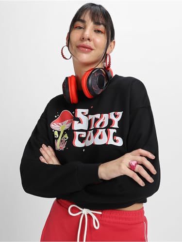 Image of JUNEBERRY Cotton Poly Fleece Regular Fit Beige & Black Graphic Print Full Sleeve Sweatshirt for Women