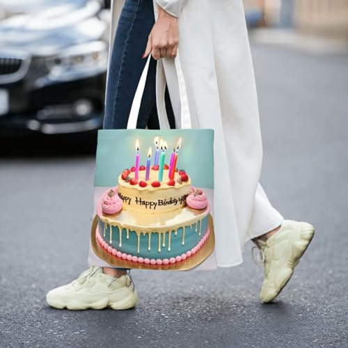 Happy Birthday Big Cake Print Polyester Canvas Tote Bag, Shopping Bag With Reinforced Handles, Reusable 6
