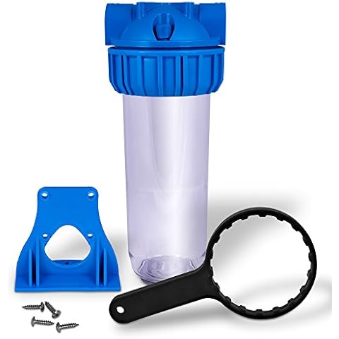 10 inch Transparent Standard Water Filter Housing, Presser Relief Button, 3/4” Inlet/Outlet Brass Port, Accepts Standard 10”x 2.5” Cartridges, 3/4” Brass Port, Mounting Hardware Included (1 Set) Cover