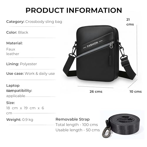 Image of POPCUBE PU Leather Small Crossbody Sling Bag for Men & Women | Travel Passport Pouch with 4 Zipper Compartments, Open Receipt Pocket & Adjustable Detachable Strap | 18cm x 6cm x 19cm