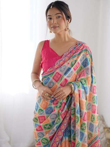 Image of Panzora Women's Chinon Printed Saree With Unstitched Blouse Piece