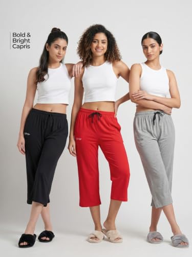 Image of Fflirtygo Women's Cotton Plain Calf Length Capri | Nightwear Pajama | 3 /4th Solid Pyjama Pant | Black Navy and Lavender Lounge Pants | Casual wear & Lounge Wear Capri Combo (Pack of 3)