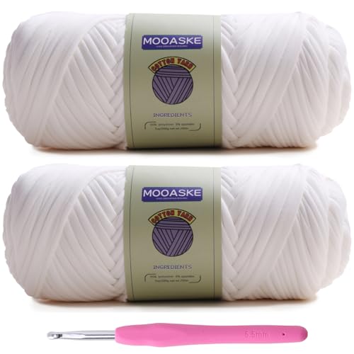Image of Mooaske 2 Pack T-Shirt Crochet Yarn for DIY Knitting Crochet Cloth Blanket Bag Dolls - 400g Chunky Thick Yarn for Crocheting with Polyester-Spandex Blend Elastic Fabric (White)