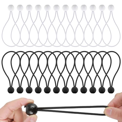 Grevosea 24 Pcs Tarpaulin Bungees Balls, Heavy Duty Bungee Straps Tarp Bungee Cords with Balls Elastic Cord for Tents Camping Tarp Flag Poles Luggage and Household Items (Black & White)