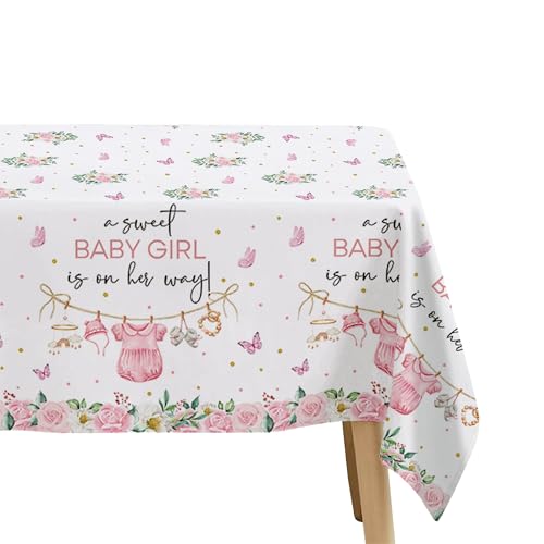 Image of Srua Don Pink Baby Girl Baby Shower Decorations Tablecloth for Girl, Floral A Sweet Girl is On Her Way Party Supplies Table Cover, Baby Girl Party Table Cloth, 3 Pack, 55in x 86in